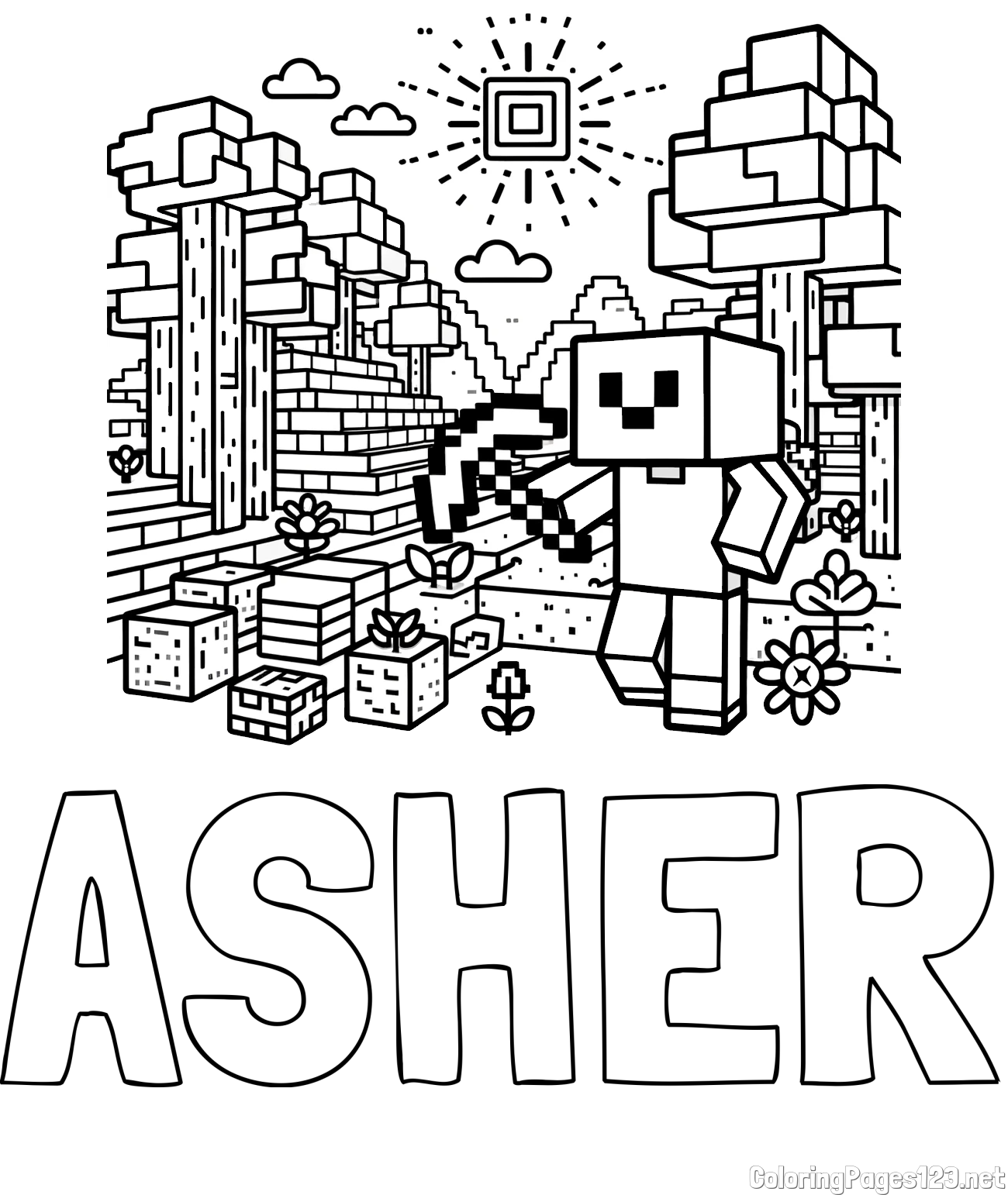 ASHER Coloring Page alongside Minecraft World Coloring Page