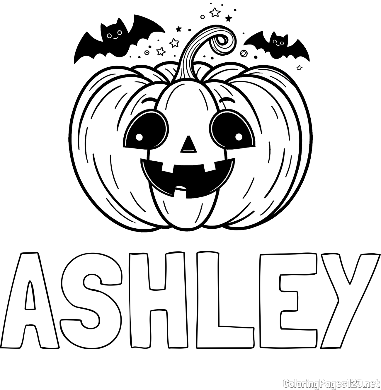 ASHLEY Coloring Page and Halloween Pumpkin and Bats Coloring Page
