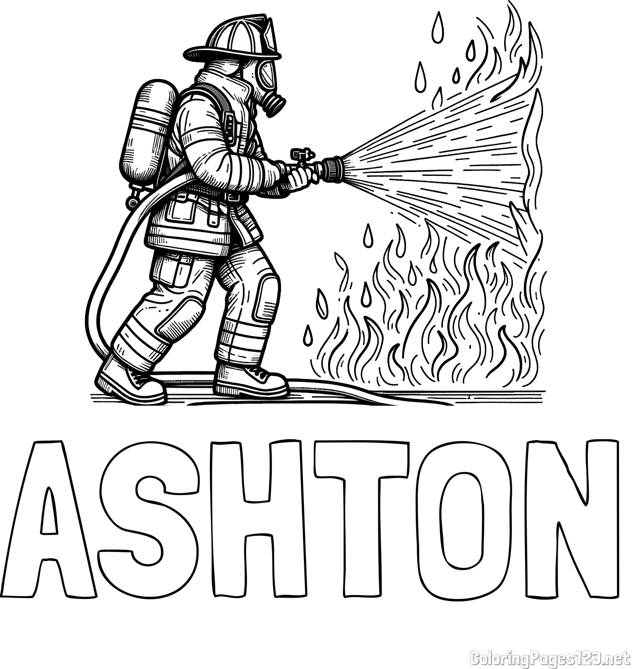 ASHTON Coloring Page and Coloring page of a firefighter extinguishing a large fire