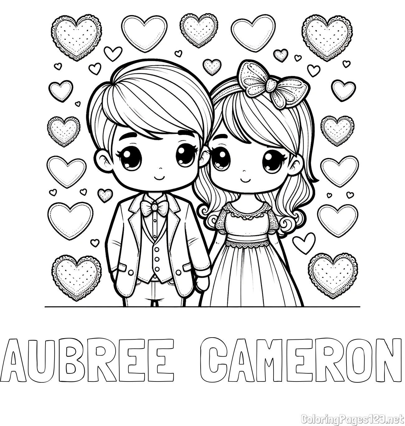 AUBREE  CAMERON Coloring Page and Coloring Page of a Couple Surrounded by Hearts