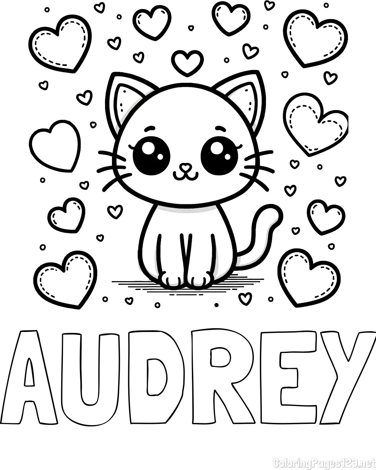 AUDREY Coloring Page alongside Free Coloring Page of a Cat and Hearts