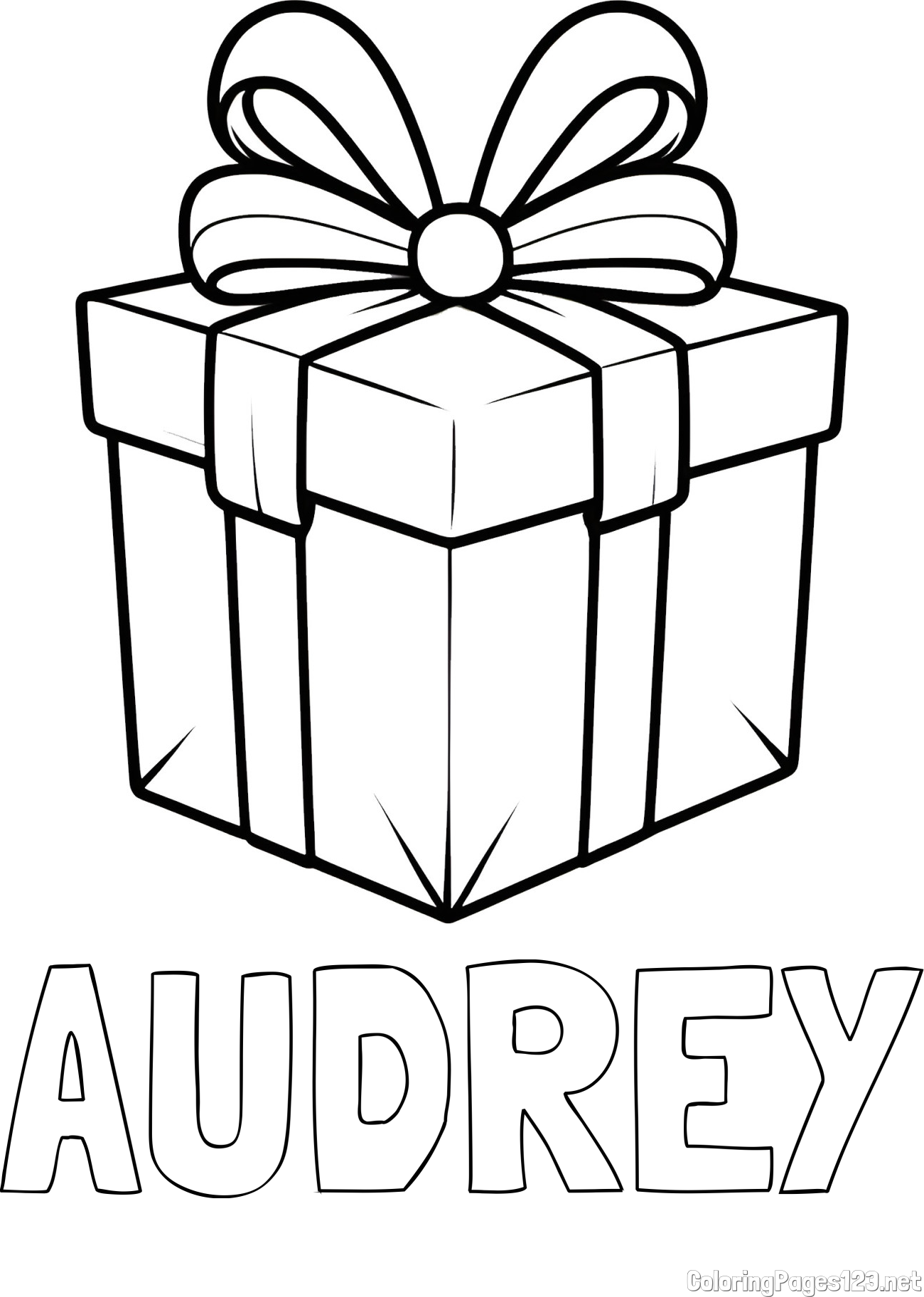 AUDREY Coloring Page alongside Gift Box with Ribbon Coloring Page