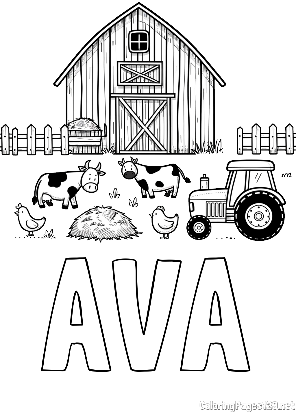 AVA Coloring Page and Kids Farm Coloring Page