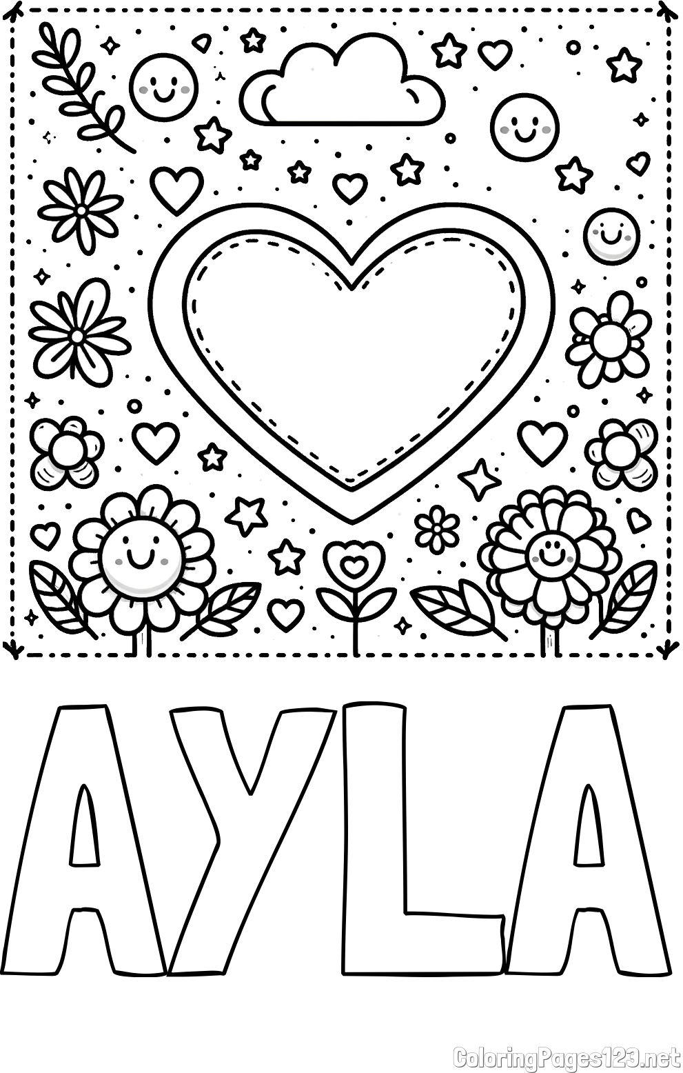 AYLA Coloring Page and Free Printable Coloring Page of Heart and Flowers