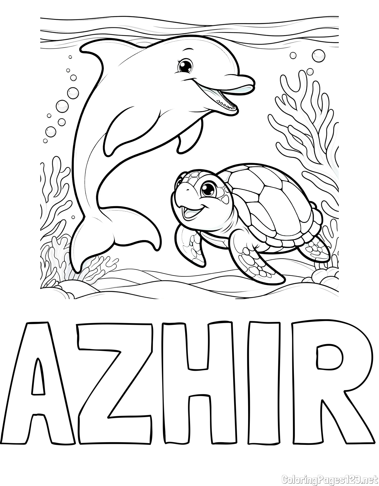 AZHIR Coloring Page and Coloring Book of a Cute Dolphin with a Turtle in the Sea