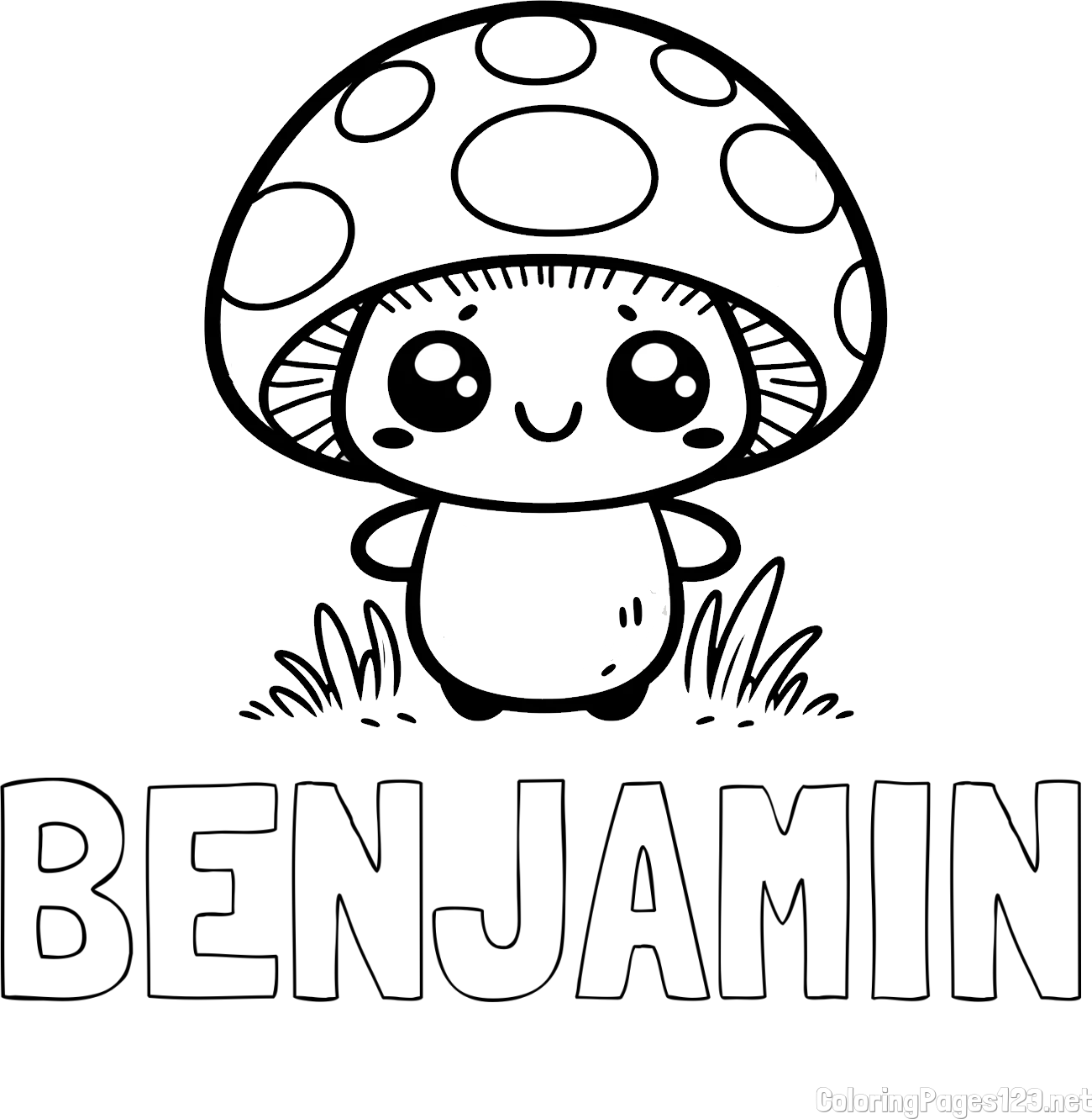 BENJAMIN Coloring Page alongside Coloring Page of a Cute Mushroom