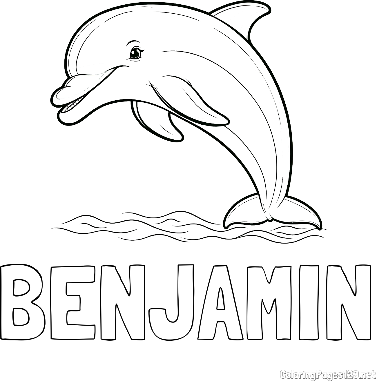 BENJAMIN Coloring Page and Children's Coloring Page of a Smiling Dolphin Jumping
