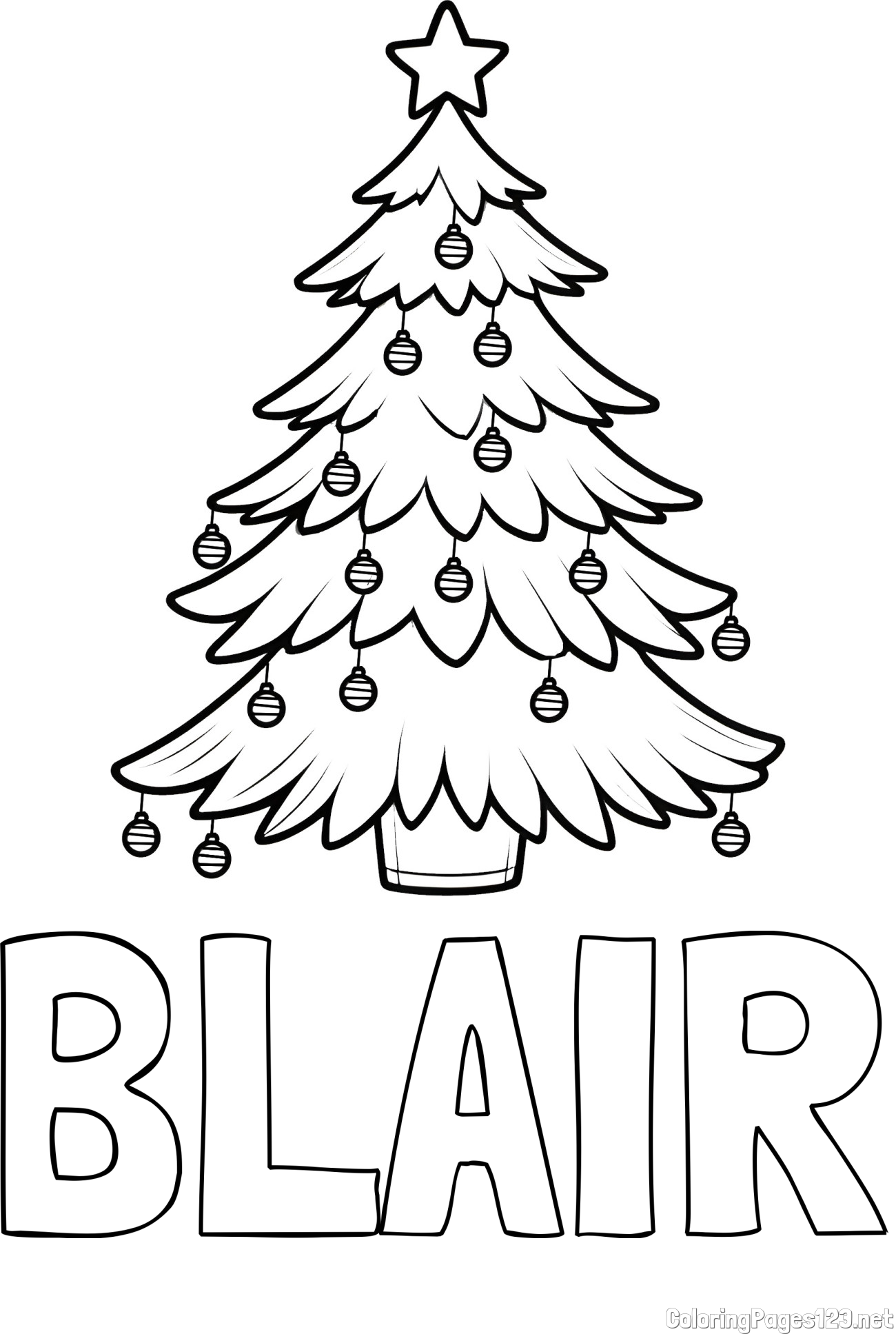 BLAIR Coloring Page and Christmas Tree with Star and Ornaments Coloring Page