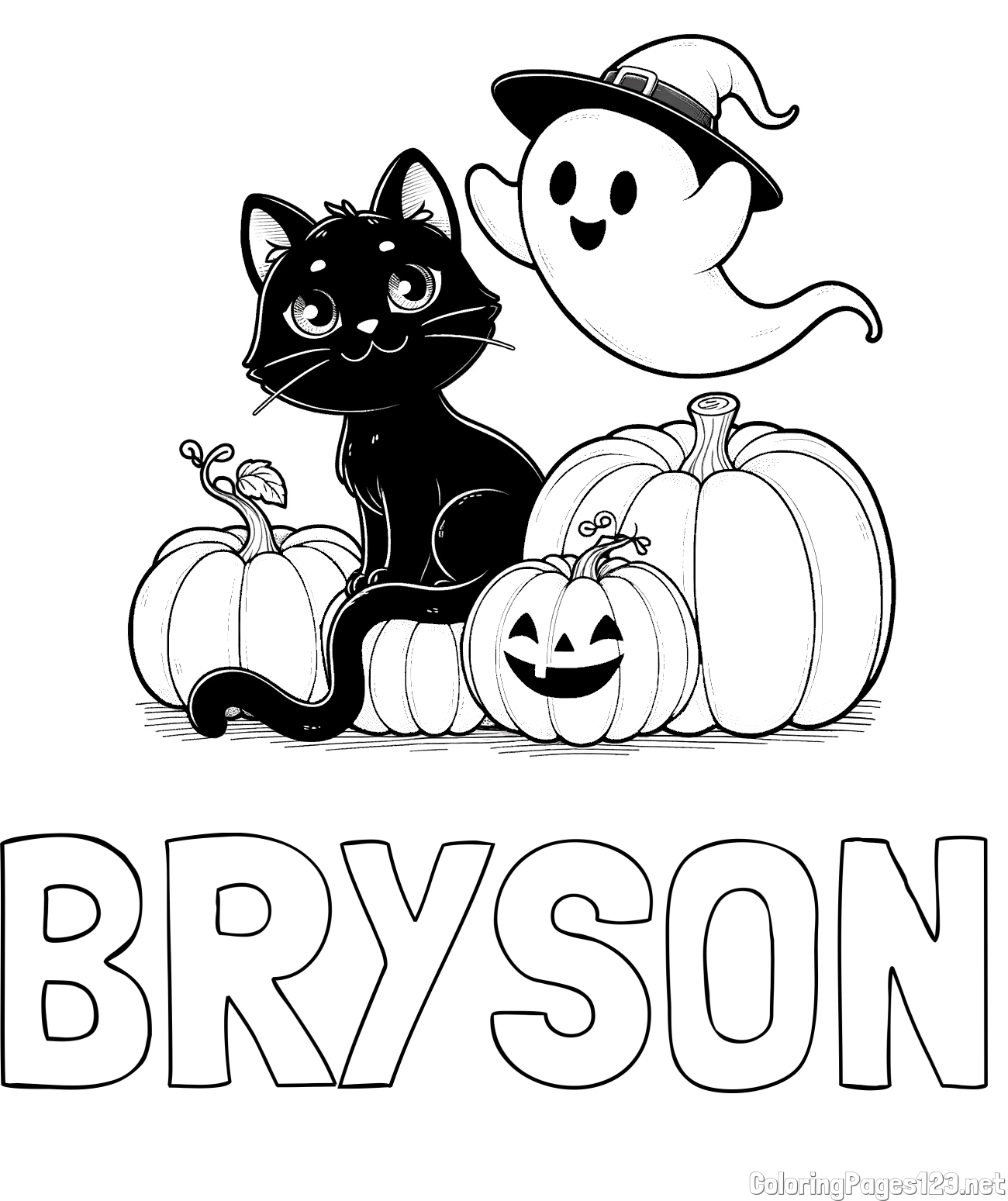 BRYSON Coloring Page and Halloween Pumpkin Coloring Page for Kids - Happy Cat, Ghost, and Pumpkins