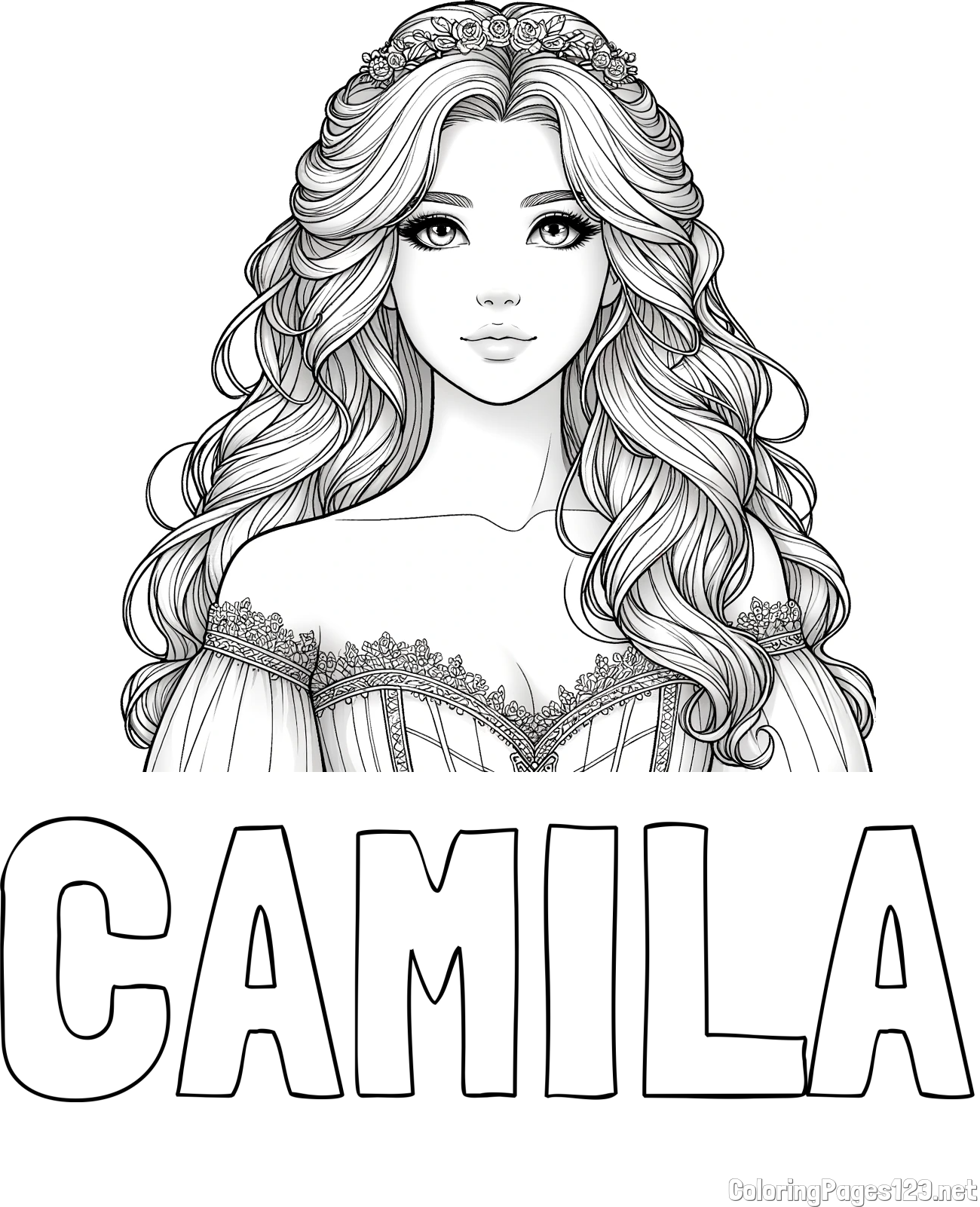 CAMILA Coloring Page and Coloring Page of a Cute Realistic Princess