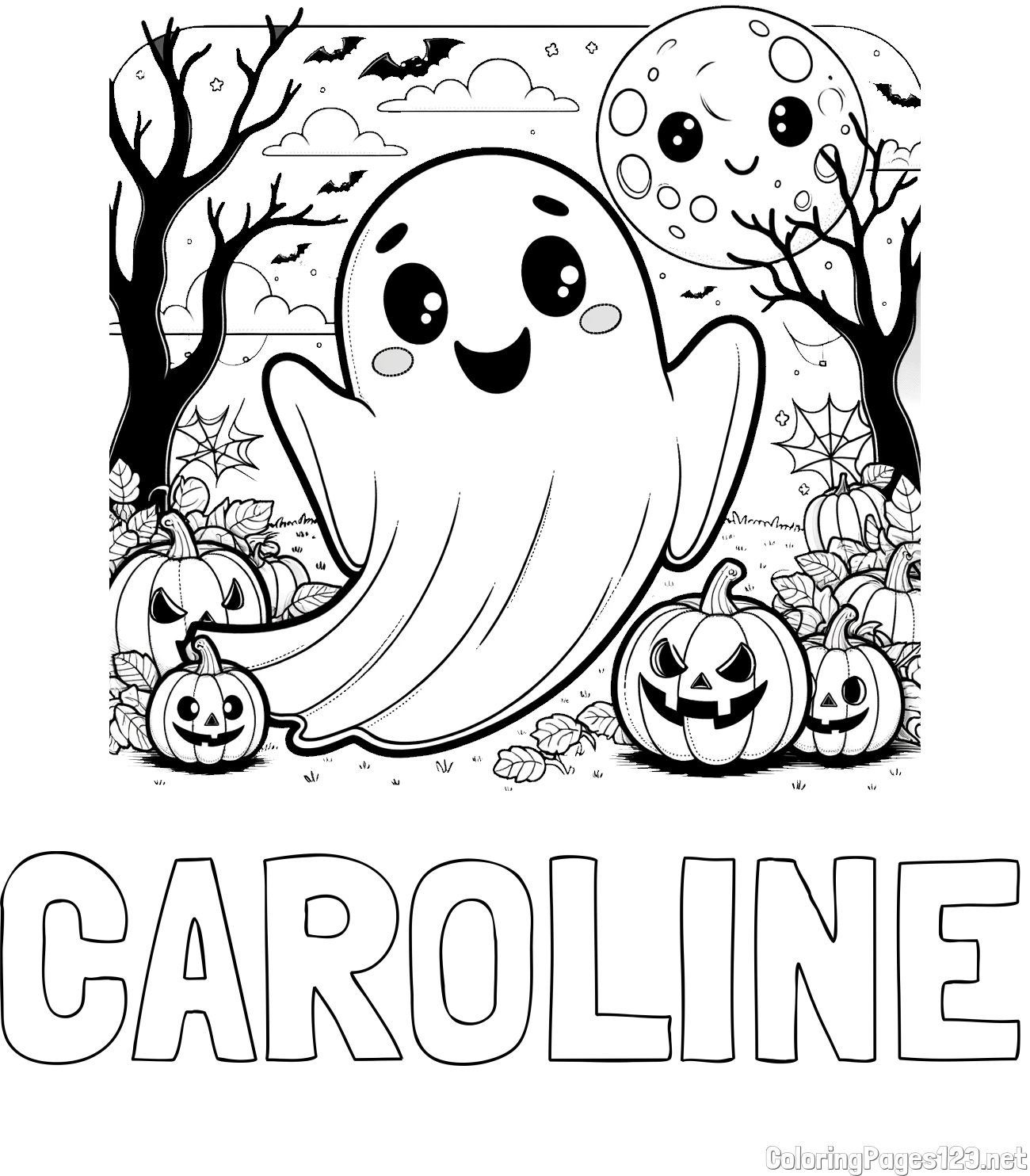 CAROLINE Coloring Page and Halloween Coloring Page of a Ghost with Pumpkins