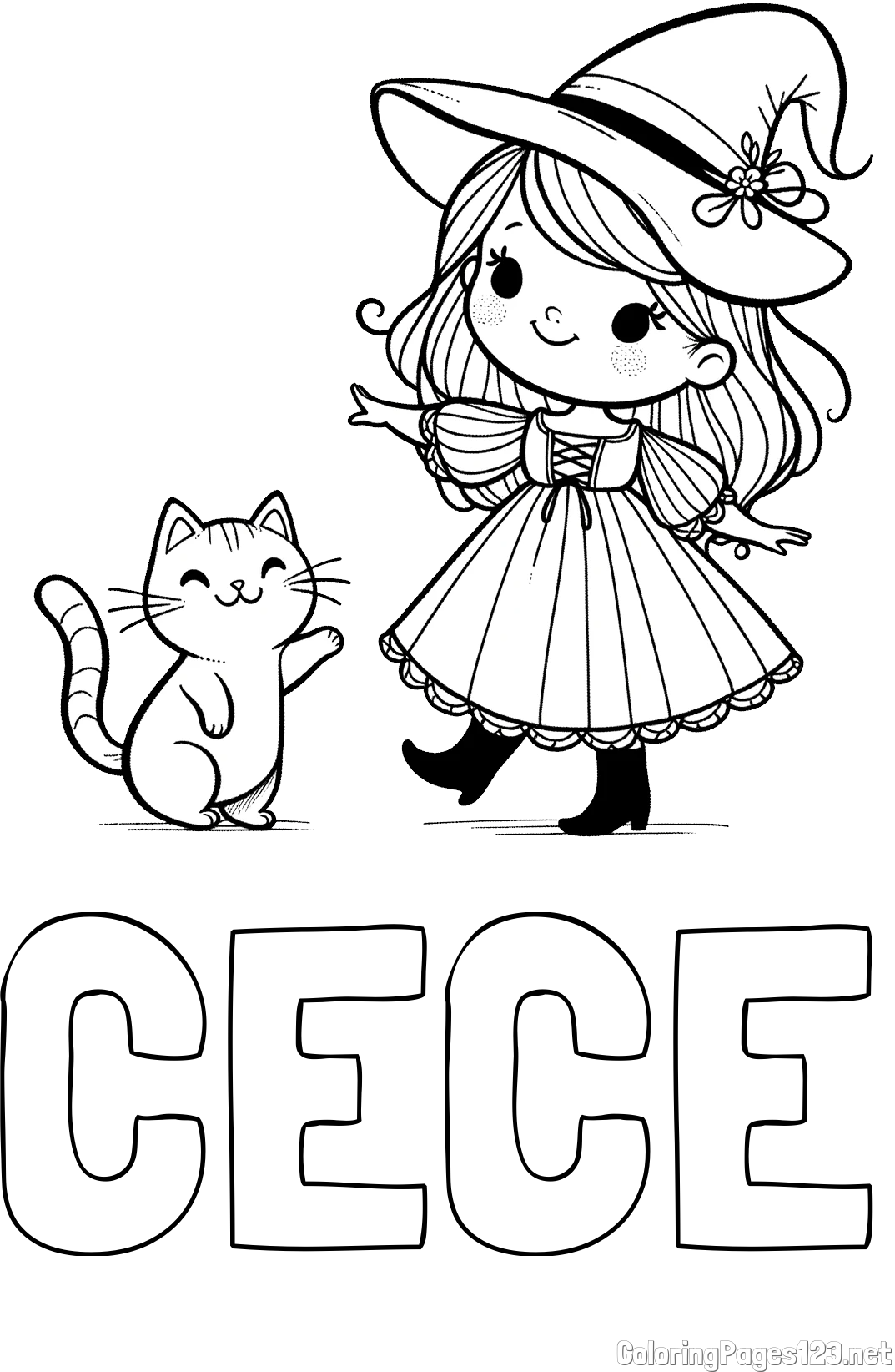 CECE Coloring Page and Coloring Page of a Cute Witch and a Subordinate Cat