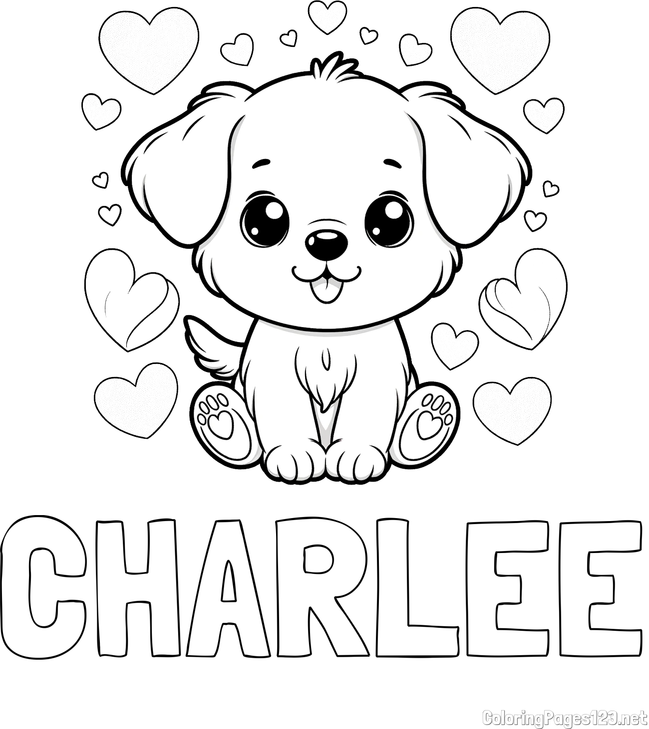 CHARLEE Coloring Page and Coloring Page of a Cute Dog and Hearts