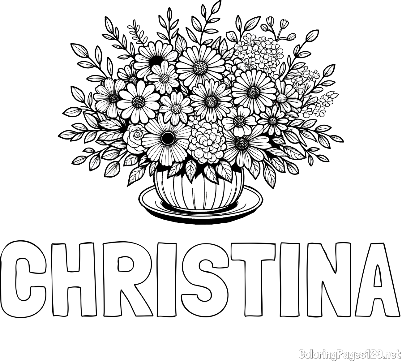 CHRISTINA Coloring Page and Beautiful Bouquet of Flowers Coloring Page