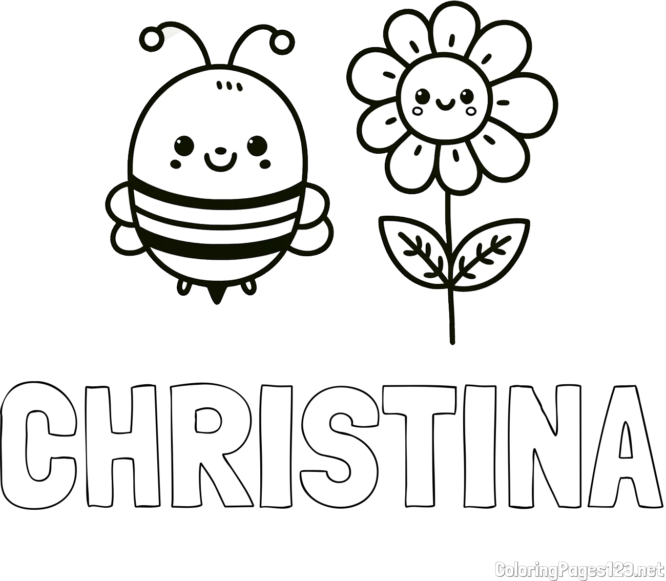 CHRISTINA Coloring Page and Coloring Page of a Cute Bee and Smiling Flowers
