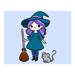 COLORED COLORING - Coloring Page of a Witch with a Broom and a Mouse