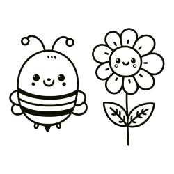 Coloring Page of a Cute Bee and Smiling Flowers