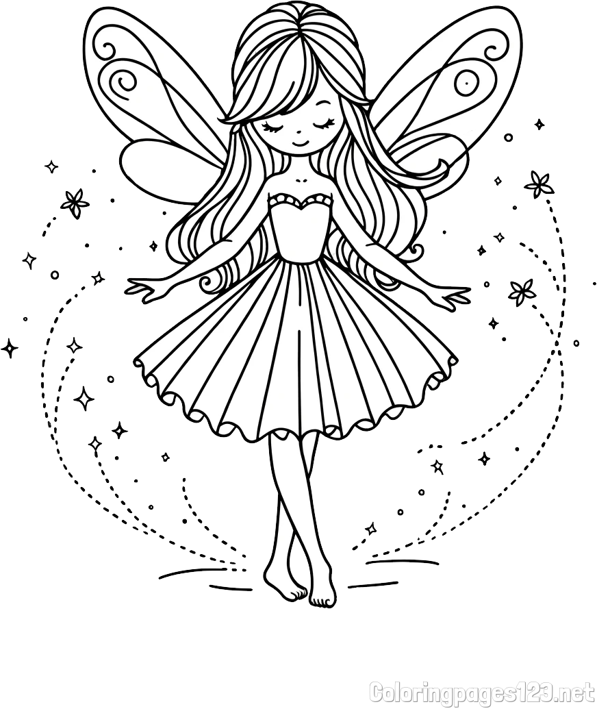 Coloring Page of a Cute Magical Fairy