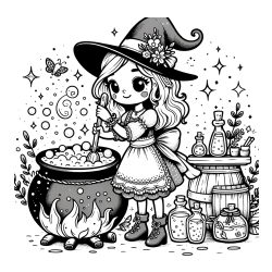Coloring Page of a Cute Witch Preparing a Magic Potion