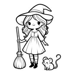 Coloring Page of a Witch with a Broom and a Mouse
