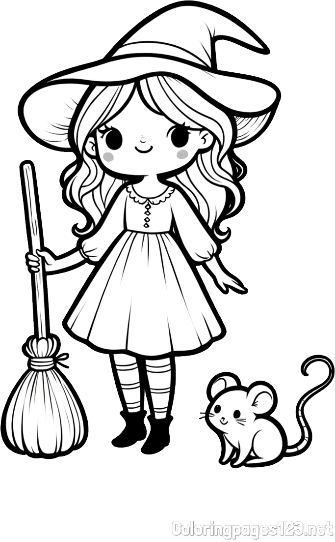Coloring Page of a Witch with a Broom and a Mouse