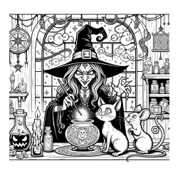 Coloring Page of an Evil Witch, a Cat, and a Mouse