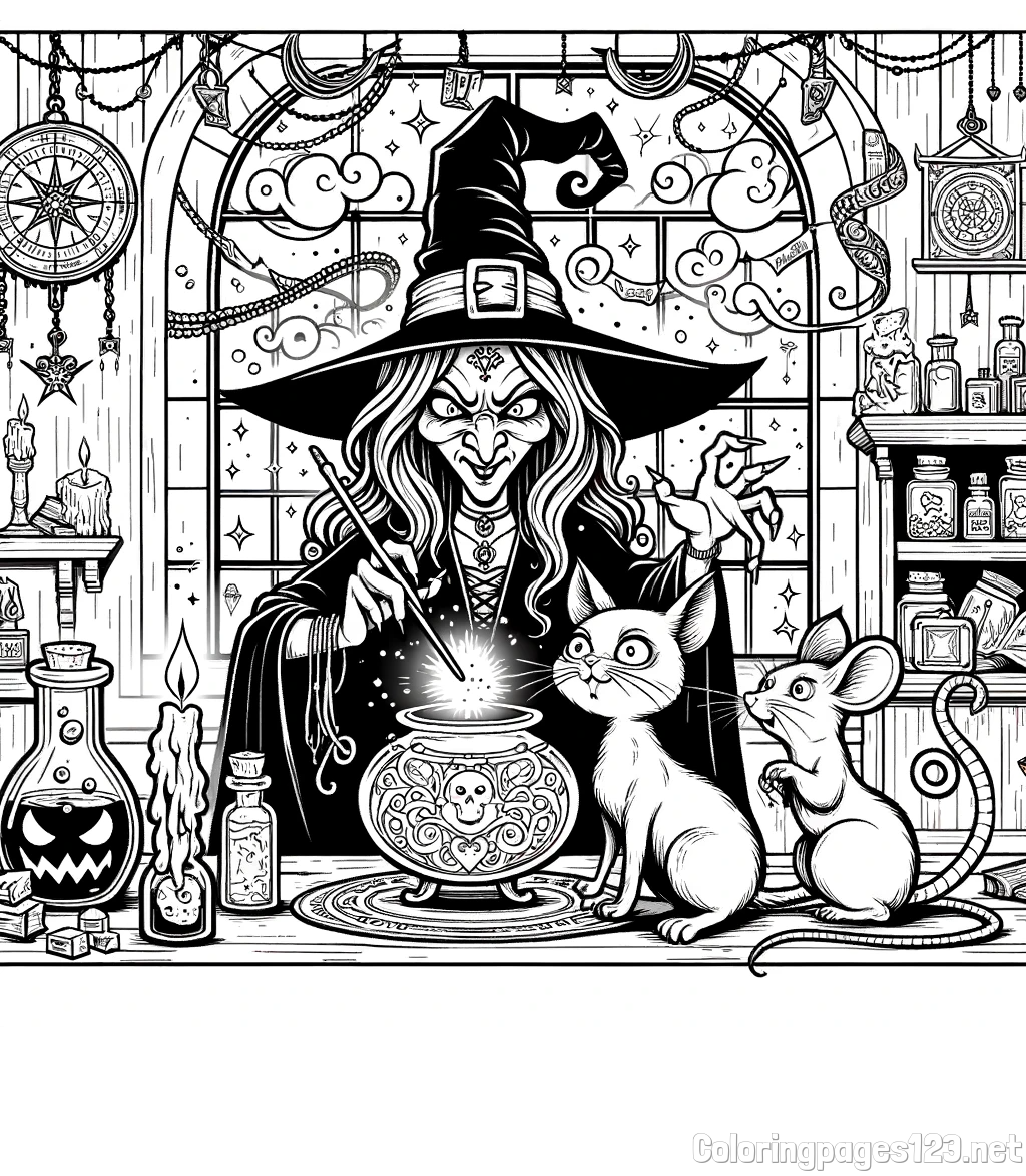 Coloring Page of an Evil Witch, a Cat, and a Mouse