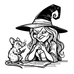 Coloring Page of an Evil Witch and a Rat