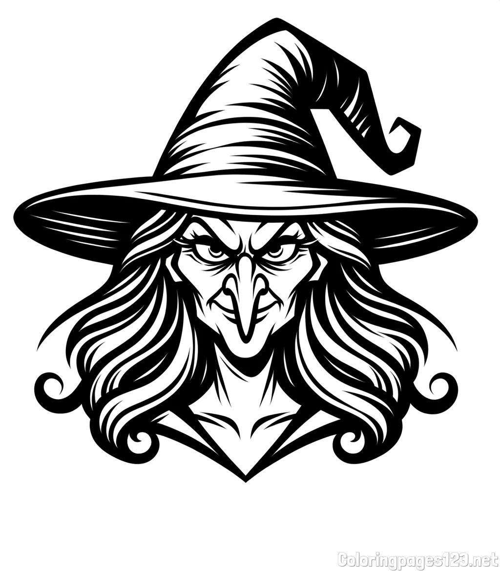 Coloring Page of an Evil Witch with a Hooked Nose