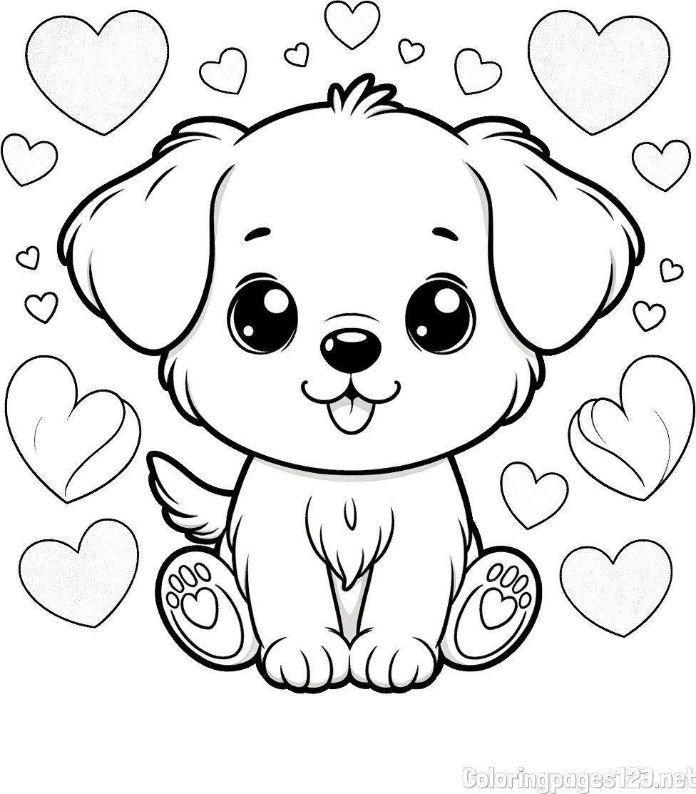 Coloring Page of a Cute Dog and Hearts