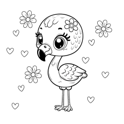 Coloring Page of a Cute Flamingo with Flowers