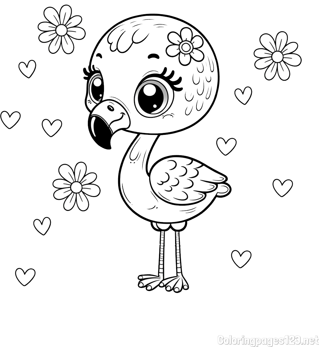 Coloring Page of a Cute Flamingo with Flowers