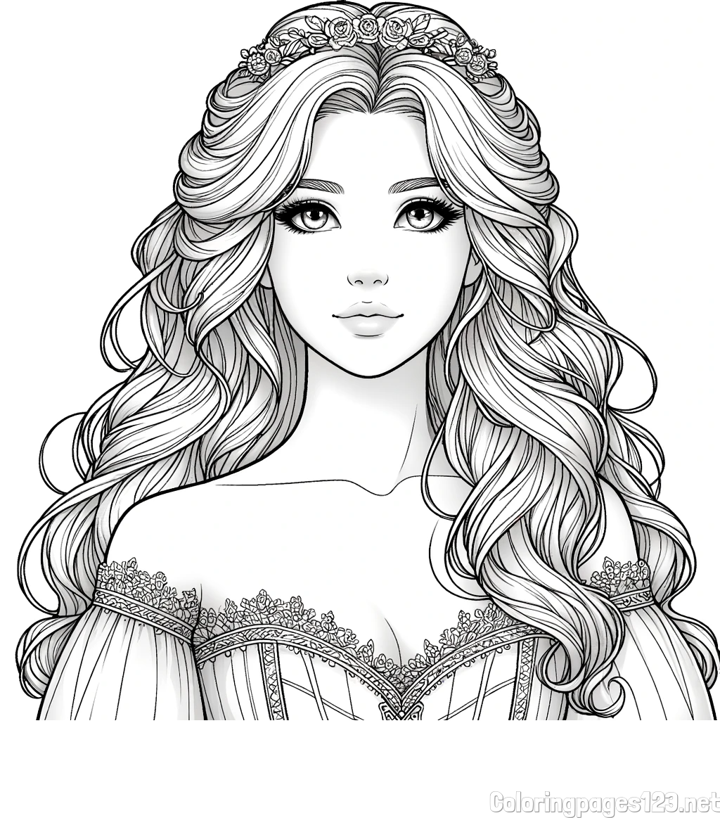 Coloring Page of a Cute Realistic Princess