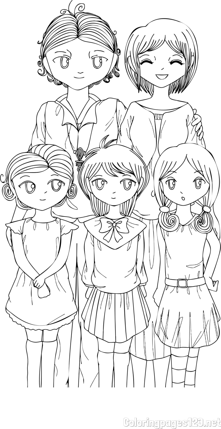 Coloring Page of a Family in Anime Style