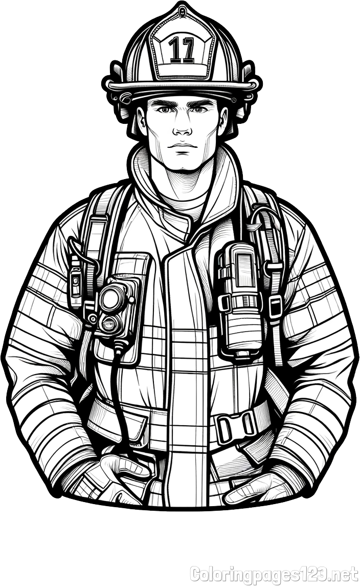 Coloring page of a firefighter (realistic)