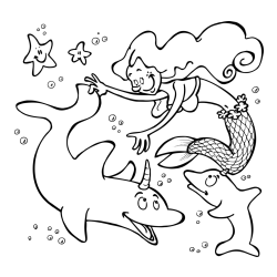 Coloring Page of a Mermaid Playing with Dolphins