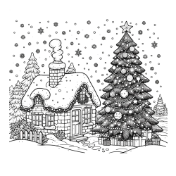 Coloring Page of a Snowy Landscape with a House and a Christmas Tree