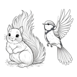 Coloring Page of a Squirrel and a Bird