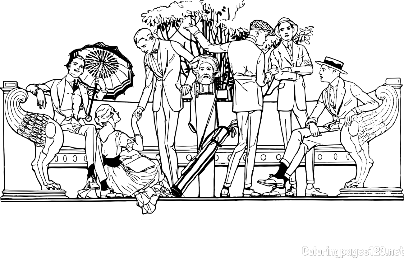 Coloring Page of People on a Bench