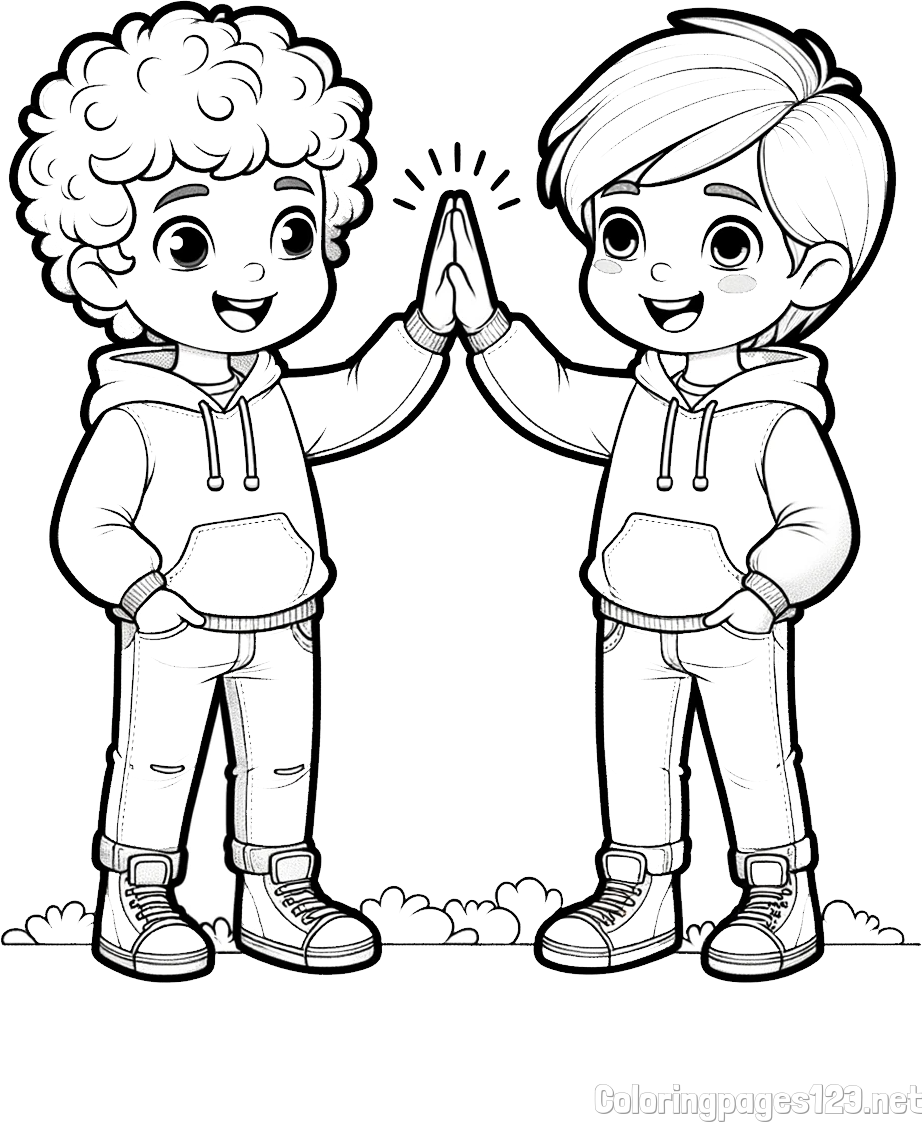 Coloring Page of Two Boys Giving High Five (Best Friends Forever)