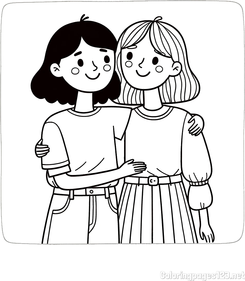 Coloring Page of Two Girls Hugging Each Other