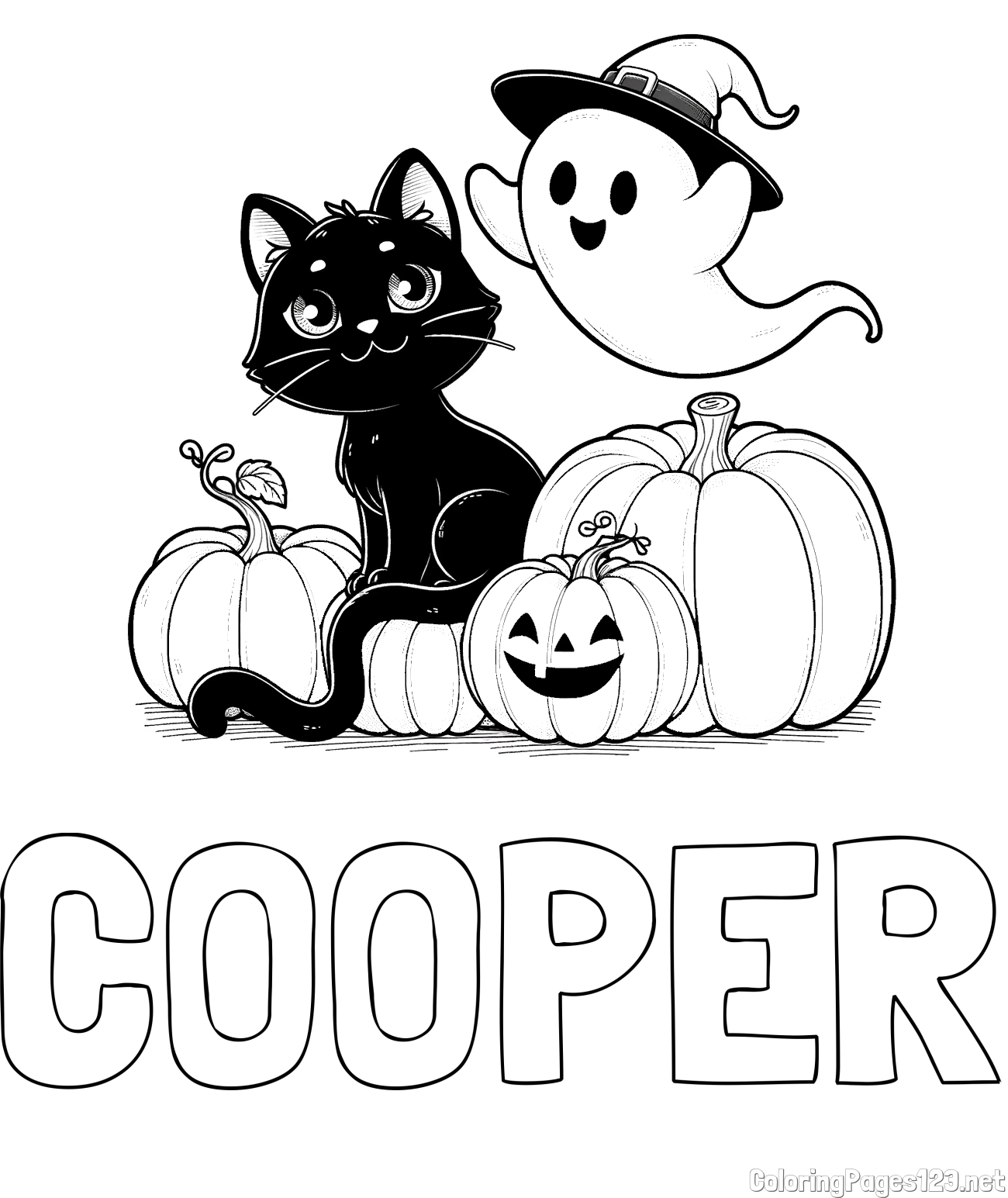 COOPER Coloring Page and Halloween Pumpkin Coloring Page for Kids - Happy Cat, Ghost, and Pumpkins