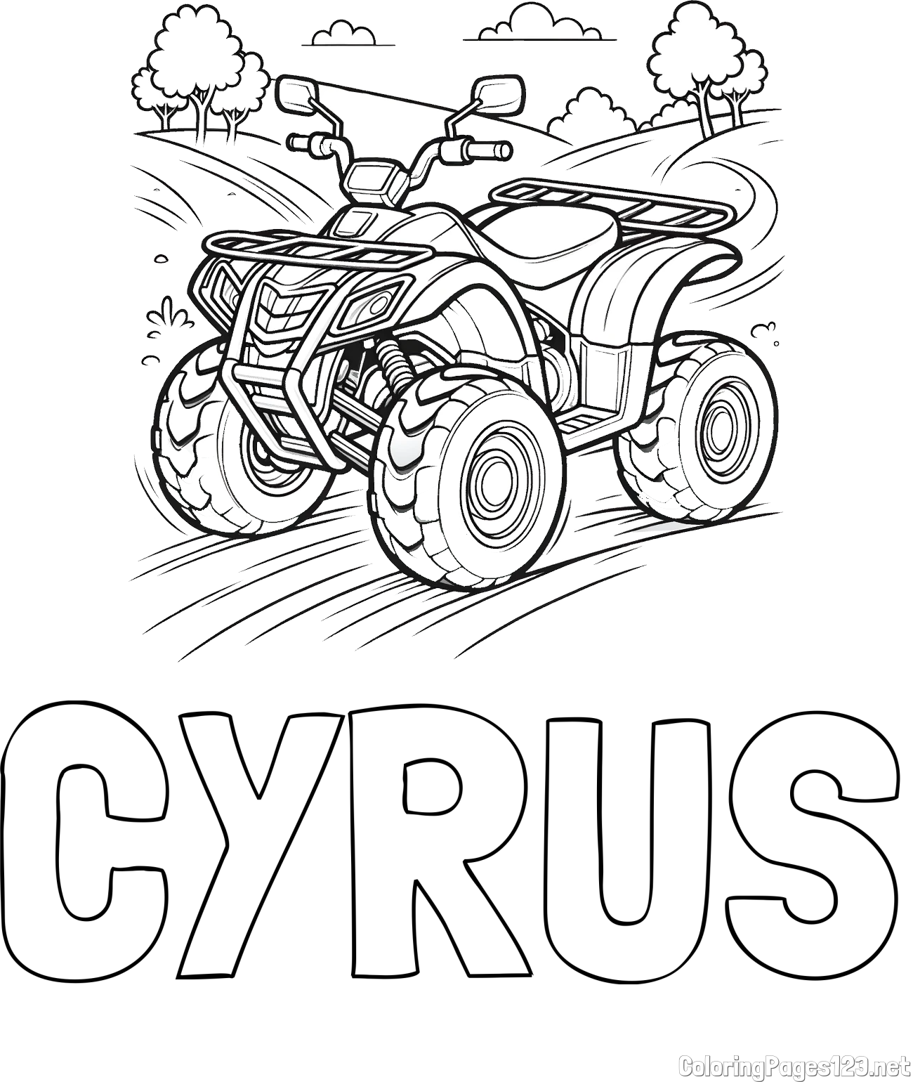 CYRUS Coloring Page and Four-Wheeler in Nature Coloring Page