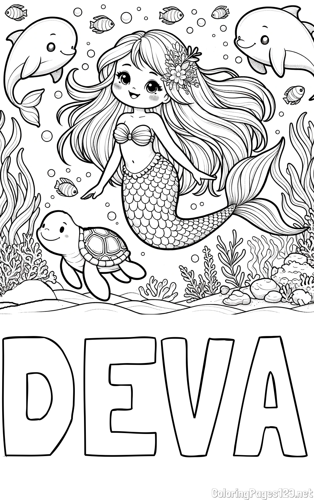 DEVA Coloring Page and Coloring Page of a Cute Mermaid with Friends