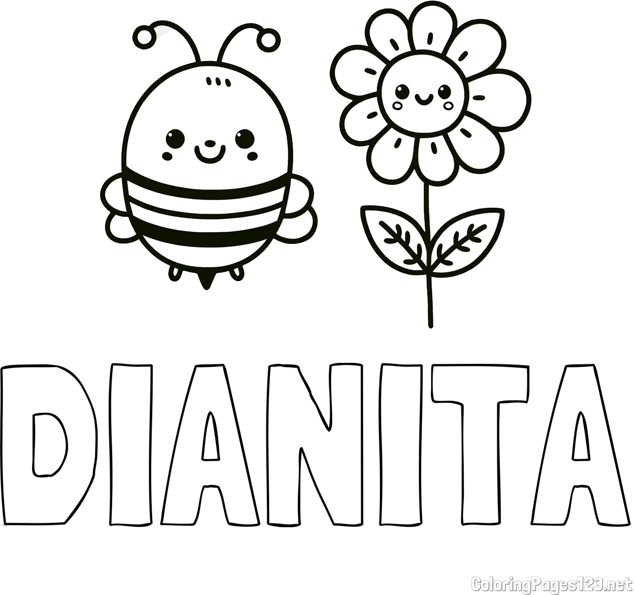 DIANITA Coloring Page and Coloring Page of a Cute Bee and Smiling Flowers
