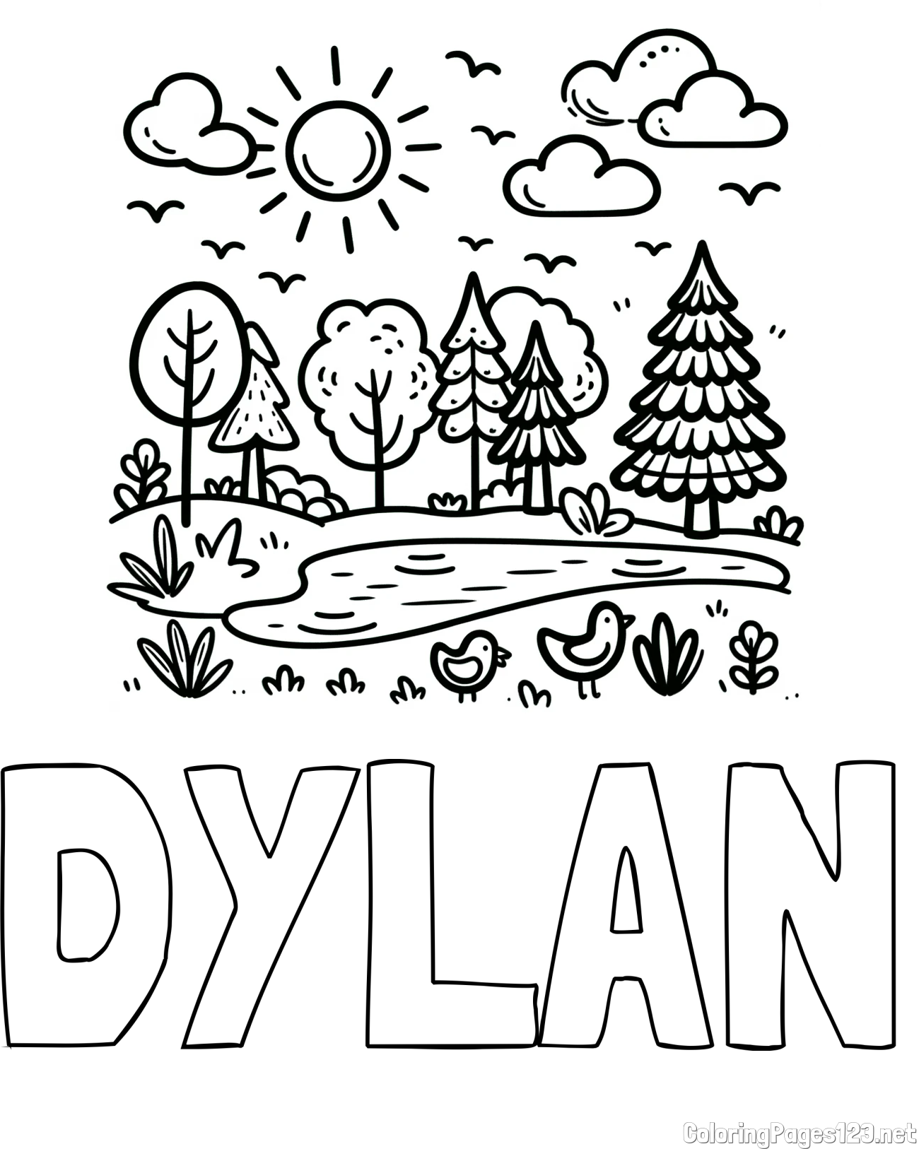 DYLAN Coloring Page and Summer Coloring Page - Pond, Ducks and Forest