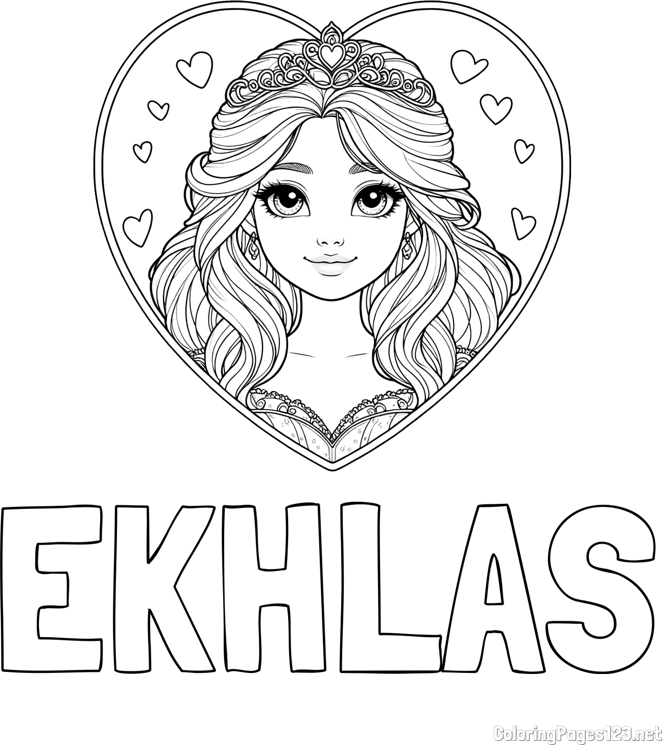 EKHLAS Coloring Page alongside Coloring Page of a Smiling Princess with Big Eyes in a Heart