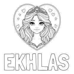 EKHLAS Coloring Page alongside Coloring Page of a Smiling Princess with Big Eyes in a Heart