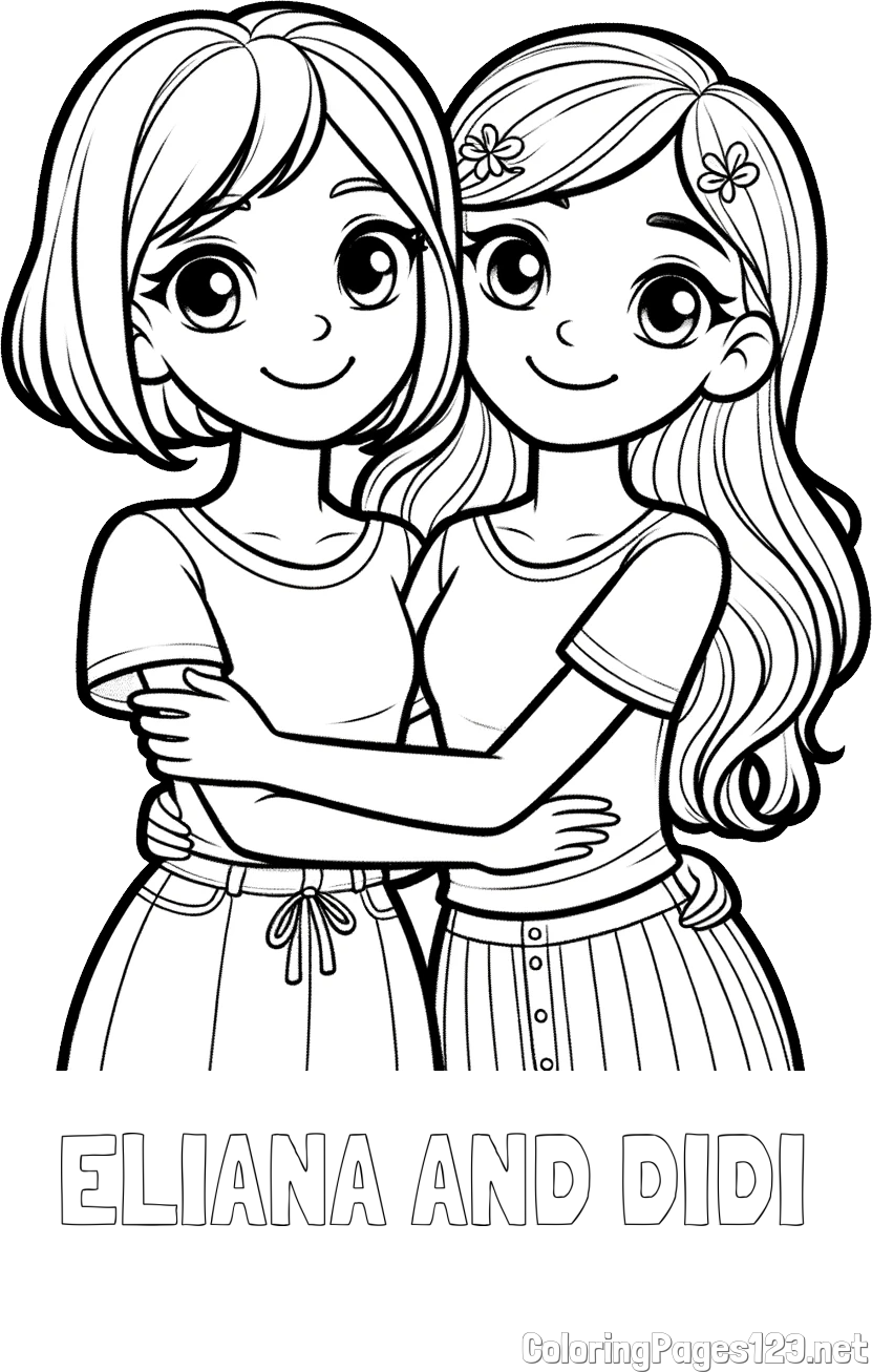 ELIANA AND DIDI Coloring Page and Coloring Page of Two Cute Girls Hugging Each Other (Best Friends Forever)