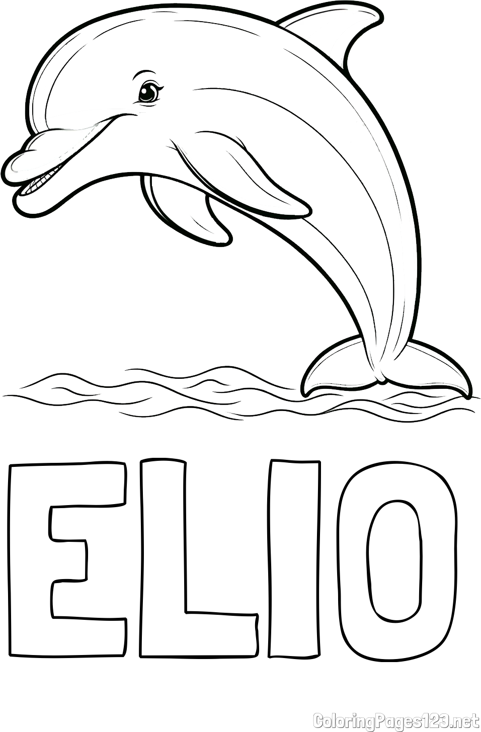 ELIO Coloring Page and Children's Coloring Page of a Smiling Dolphin Jumping